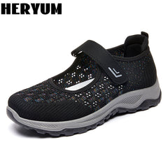 Women's Breathable Knit Sneakers Comfortable Closed Toe Hook & Loop Strap Shoes