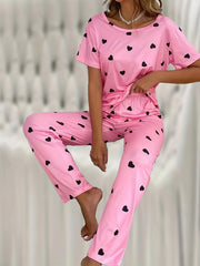 Heart Print Short Sleeve Tee & Pants Lounge Set