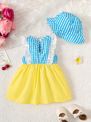 2pcs Baby Girls Checkered Dress & Hat Set for Summer Party