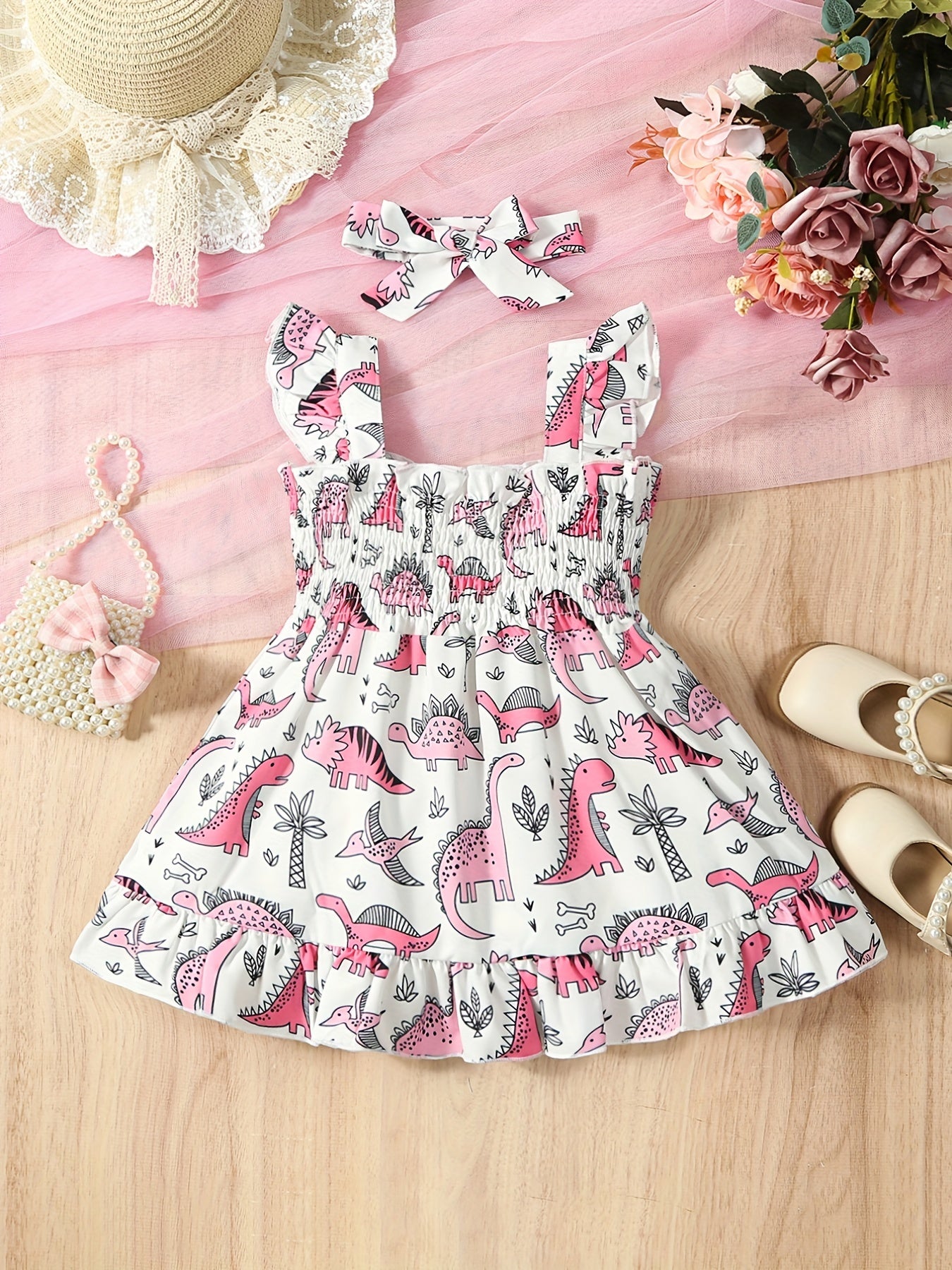 Baby Girls Butterfly Print Sleeveless Dress & Bow Headband Set