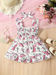 Baby Girls Butterfly Print Sleeveless Dress & Bow Headband Set