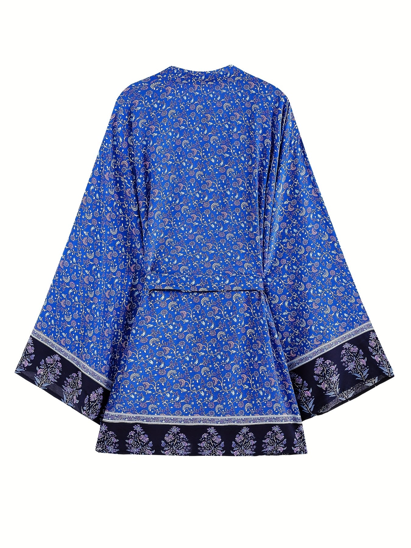 Floral Print Boho Style Cover Up Kaftan Long Sleeve Tie Belt Vacation