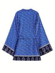 Floral Print Boho Style Cover Up Kaftan Long Sleeve Tie Belt Vacation