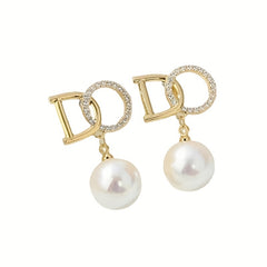Golden Alloy Simulated Pearl Drop Earrings - Fashionable Gift for Women