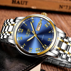 LIGE Men Stainless Steel Golden Watch Waterproof Sports Wrist Watches