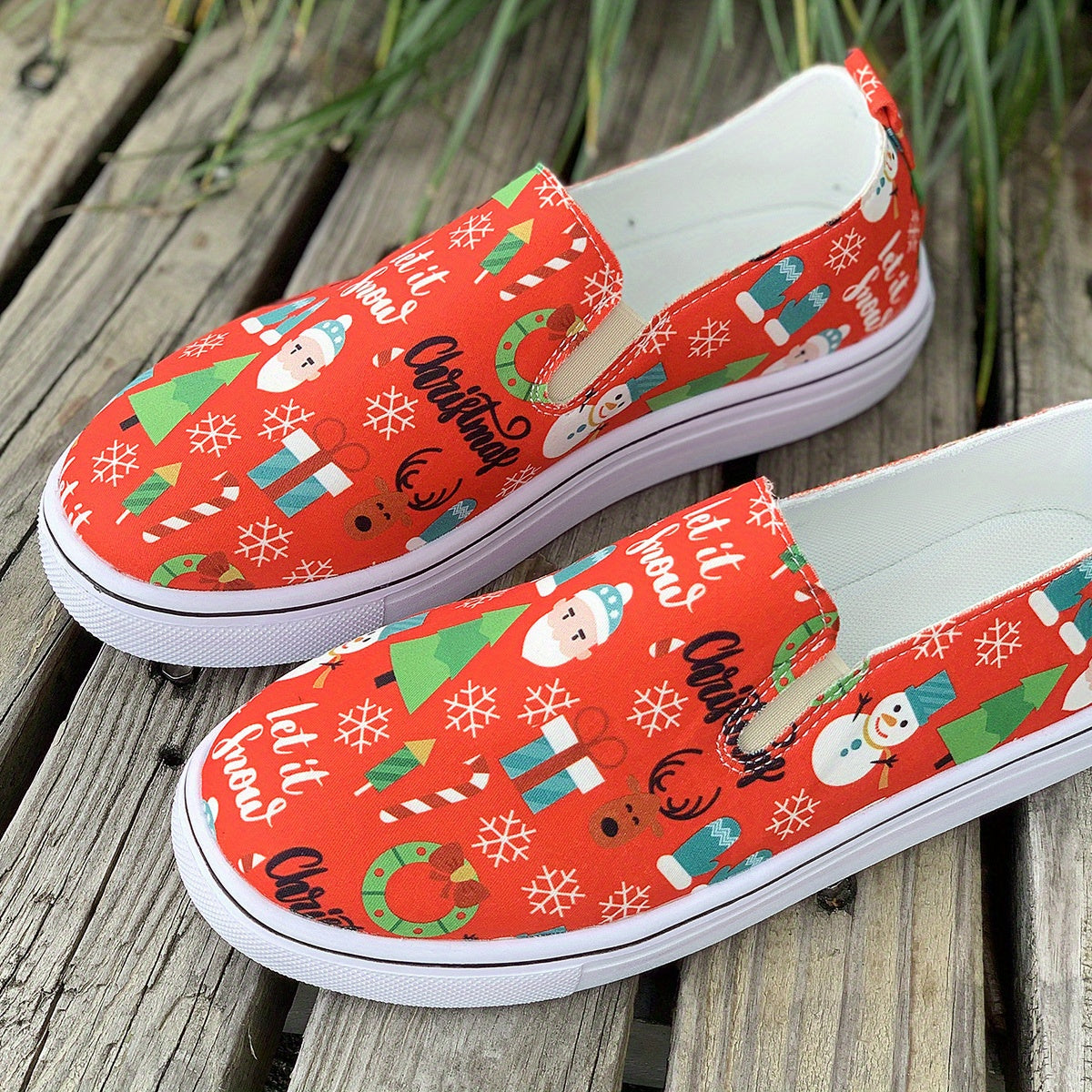 Christmas Style Slip On Canvas Sneakers Lightweight Comfortable Loafers Shoes