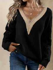 V Neck Cut Out Drop Shoulder Sweater - Women's Casual Long Sleeve Sweater