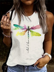 Dragonfly Print Tank Top Sleeveless Crew Neck Casual Tops