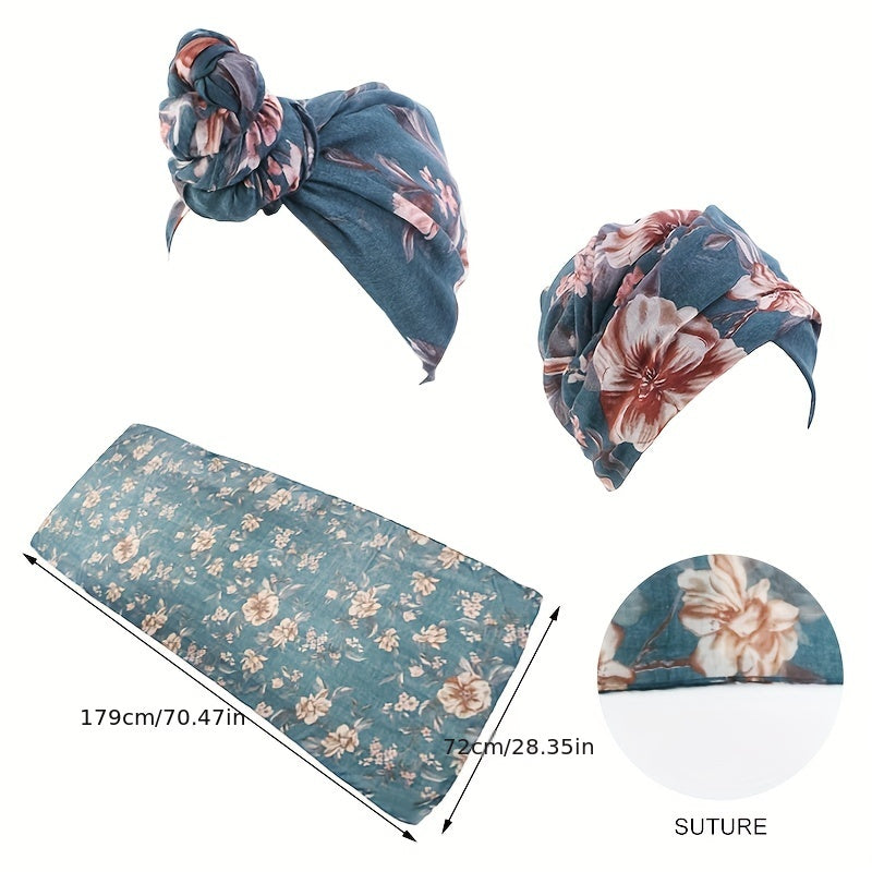 Vintage Flower Print Turban Cap Boho Twist Pleated Elastic Head Wrap