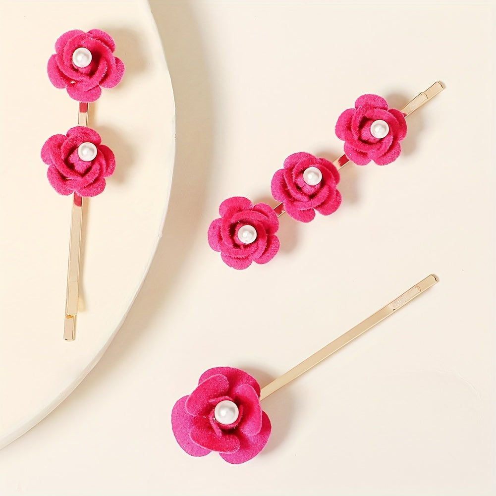 3pcs Faux Pearl Flower Bobby Pin Retro Rose Side Clip