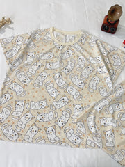 Cat Print Pajamas Set Short Sleeve Tee Top And Shorts Pj Set