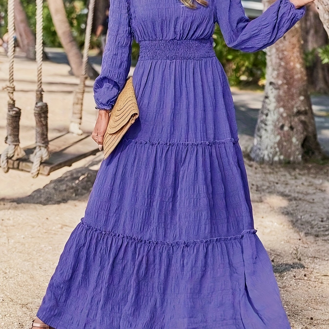 Solid Textured Nipped Waist Lantern Sleeve Maxi Dress