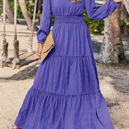 Solid Textured Nipped Waist Lantern Sleeve Maxi Dress