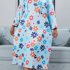 Nightdress Women's Plus Floral Print Long Sleeve Tie Neck High Stretch