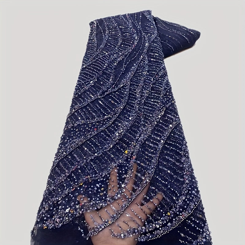 African Embroidery Beaded Lace Fabric Sequins Wedding Party Dress Navy