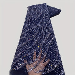 African Embroidery Beaded Lace Fabric Sequins Wedding Party Dress Navy