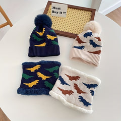 Kids Dino Knit Beanie Hat & Velvet Neck Gaiter Set