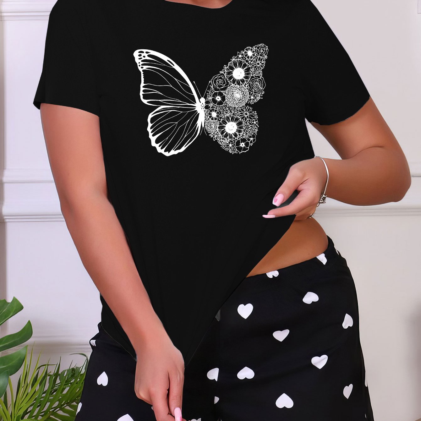 Butterfly Print Short Sleeve Sleep Top Women's Sleepwear