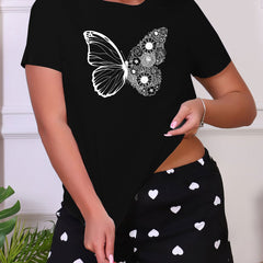 Butterfly Print Short Sleeve Sleep Top Women's Sleepwear