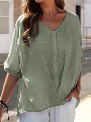 Casual Blouse Women's Plus Solid Half Sleeve V Neck Button Decor Wrap