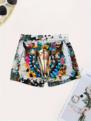 Cow Skull Print Skinny Shorts for Women