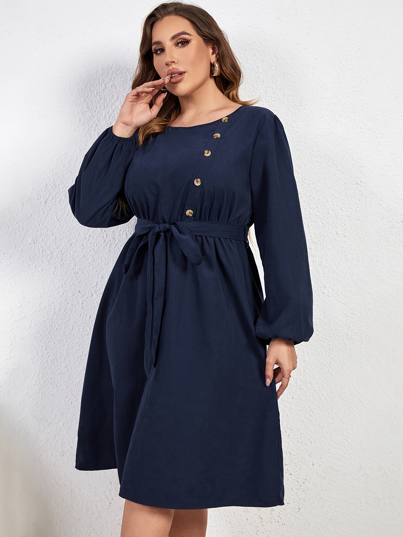 Women's Plus Size Button Decor Lantern Sleeve Round Neck Dress