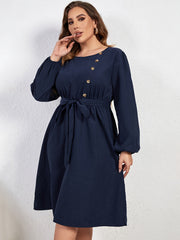 Women's Plus Size Button Decor Lantern Sleeve Round Neck Dress