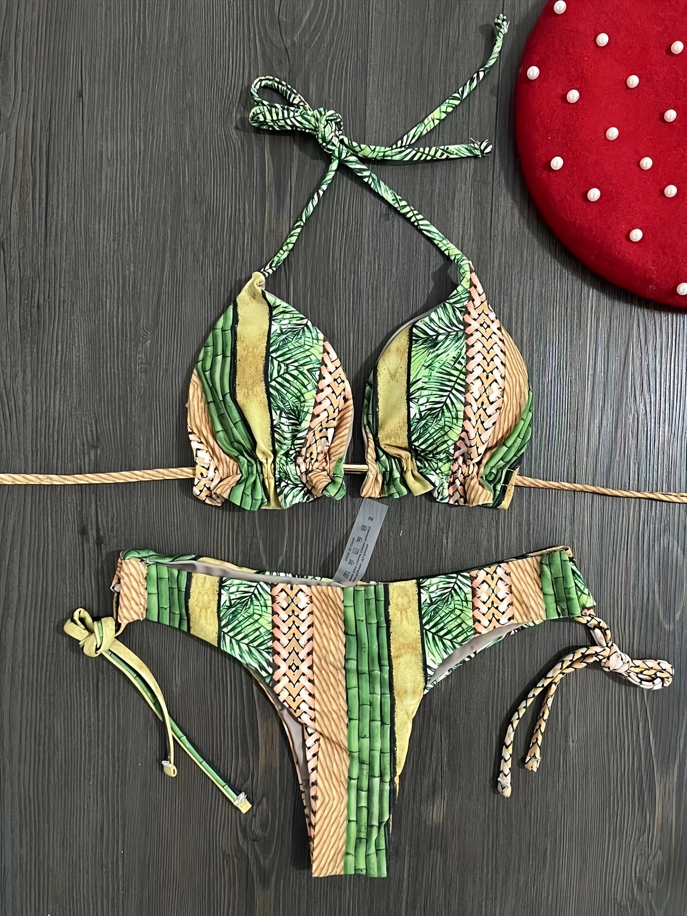Colorblock Triangle Bikini Set Halter Neck High Cut Swimsuit
