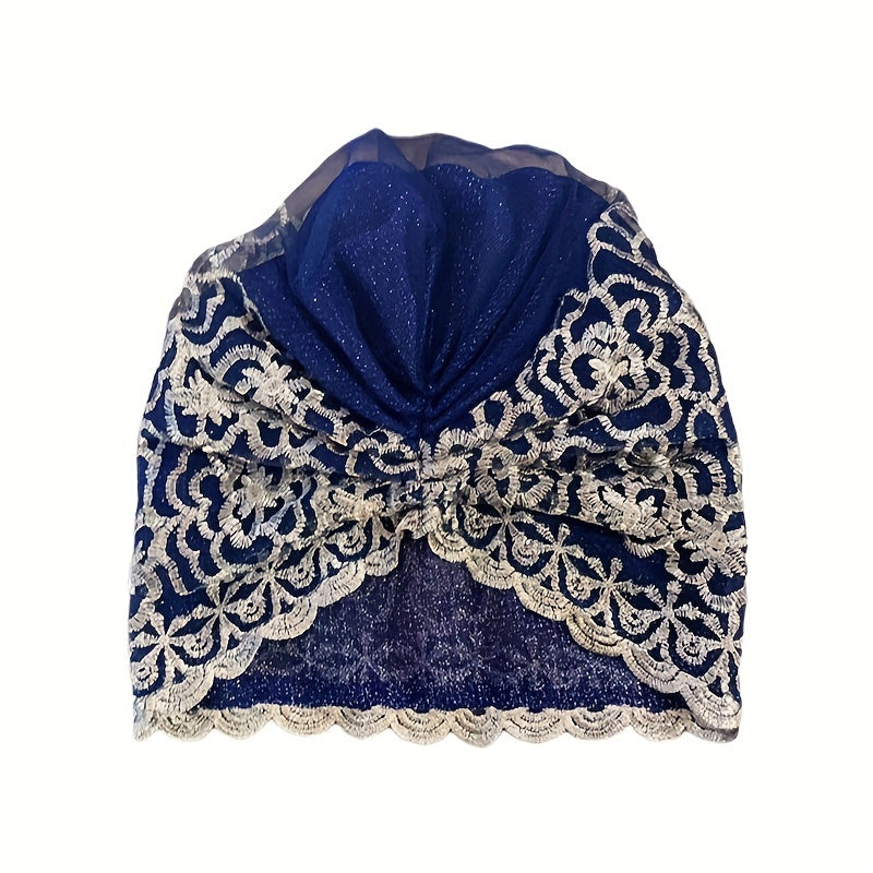 Double Layer Lace Turban Cap Embroidery Head Wrap Mesh Beanie Women Elastic Bonn