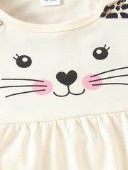 2pcs Girls Cat Cartoon Shirt & Leopard Print Pants Set