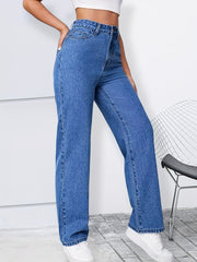 High Rise Straight Jeans Washed Loose Slash Pocket Zipper Button Closure