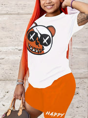 Colorblock Bear Print Crop Top & Shorts Set