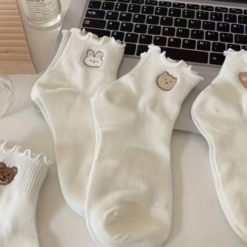 Teenager's Cartoon Animals Knitted Crew Socks, 5 Pairs