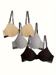 3pcs Letter Print Push Up Bras Comfortable Intimates Bra