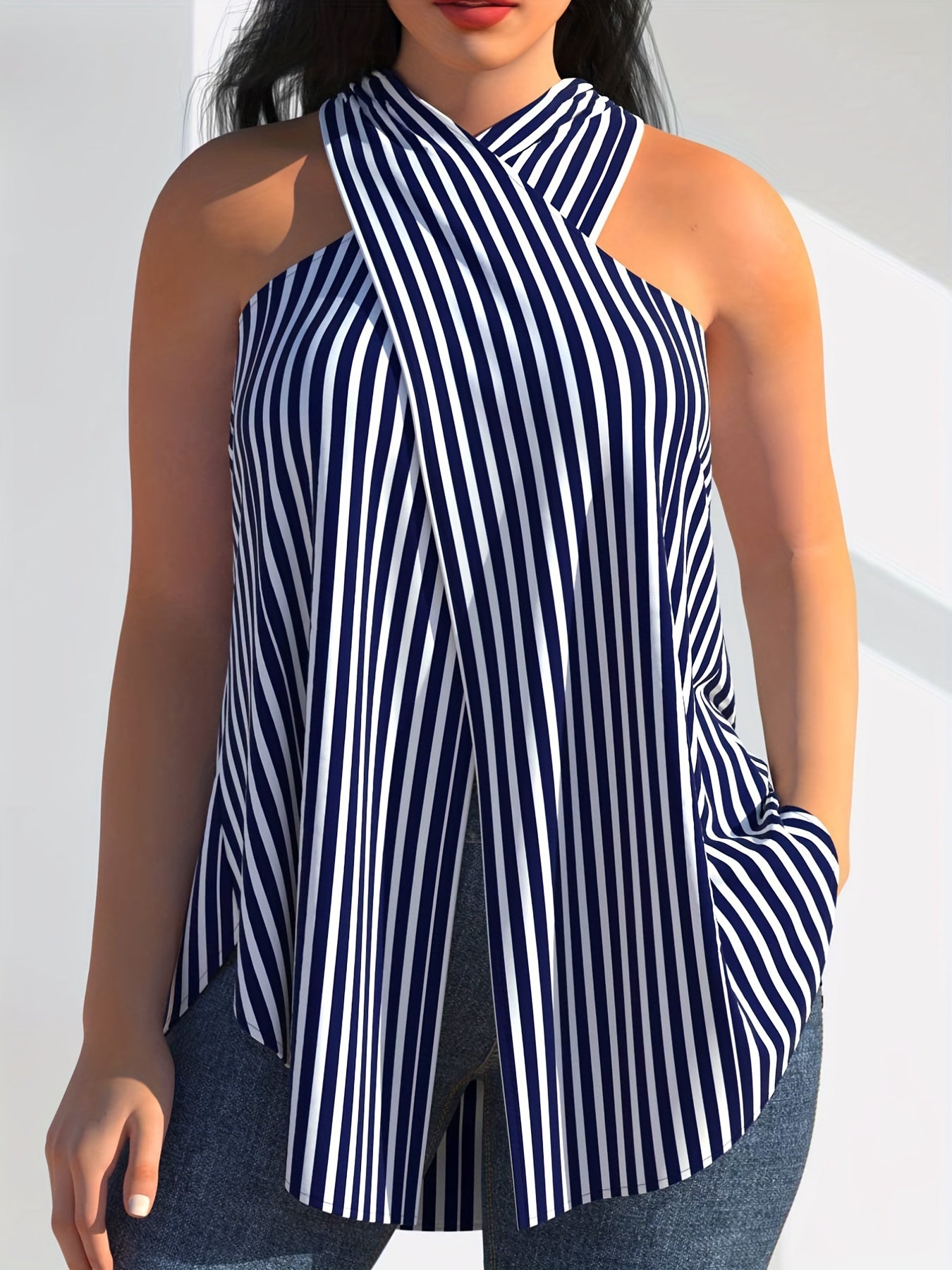 Sexy Criss Cross Block Halter Top Sleeveless Slim Fit