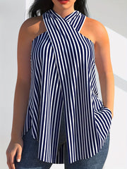 Sexy Criss Cross Block Halter Top Sleeveless Slim Fit