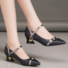 Floral Chunky Heel Pointed Toe Pumps with Buckle Strap