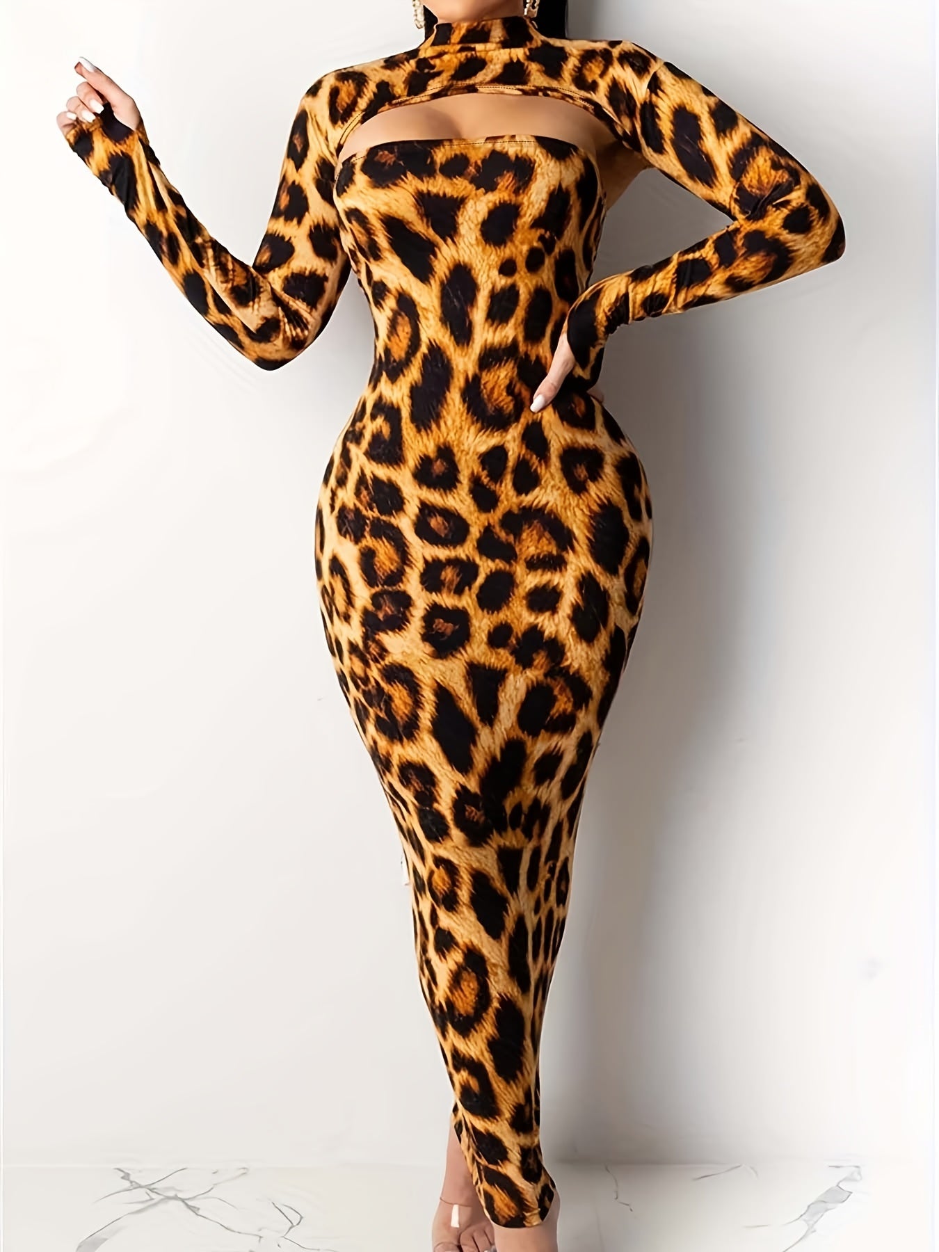 Leopard Print Sexy 2pc Set Mock Neck Crop Tops & Maxi