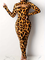 Leopard Print Sexy 2pc Set Mock Neck Crop Tops & Maxi