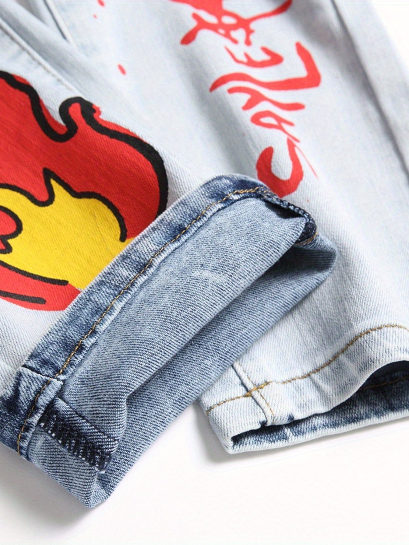 Graphic Print Slim Fit Jeans Men Casual Street Style Stretch Denim Spring