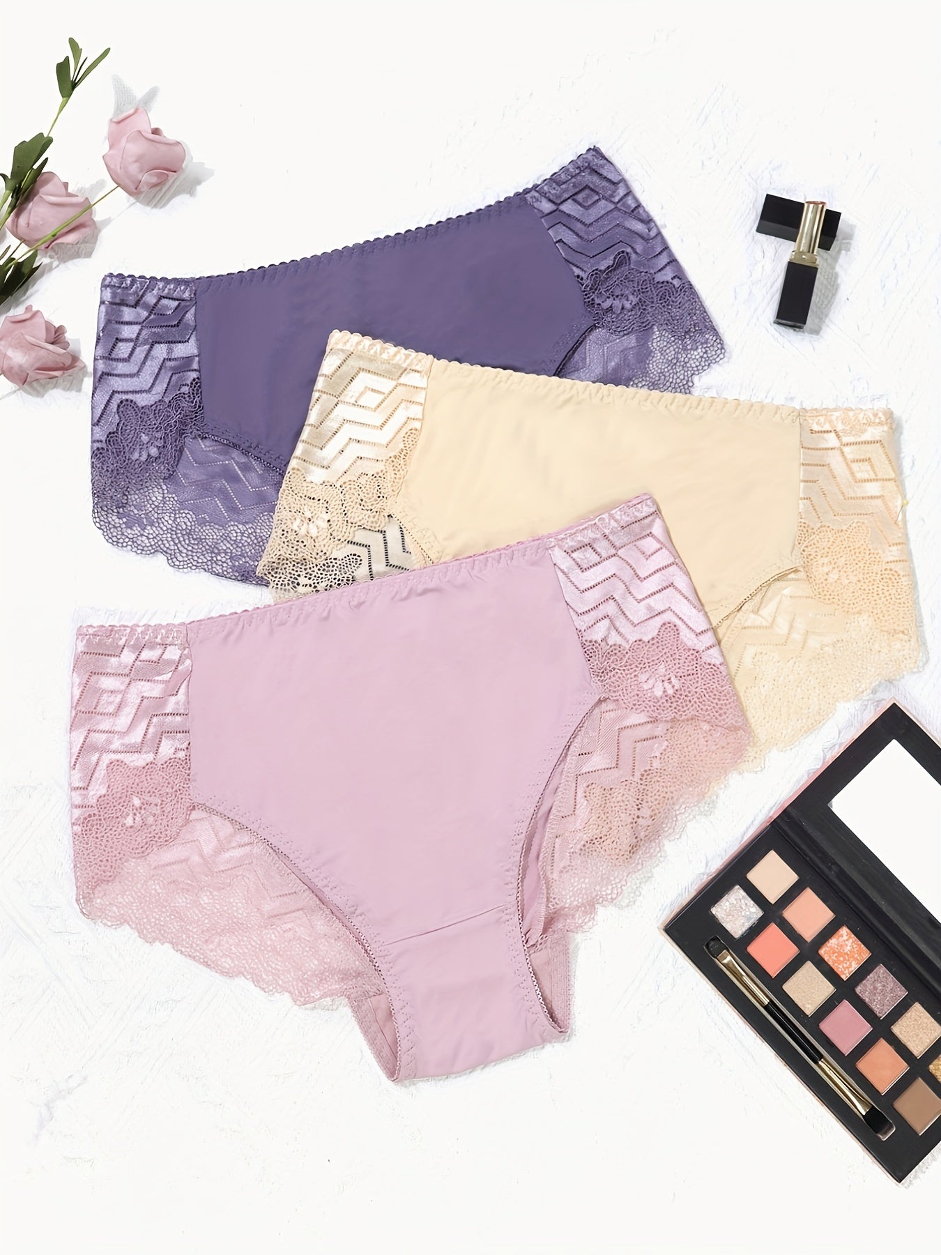 3 Pack Plus Size Sexy Panties Set Ultra Thin Soft High Rise Lace Trim Briefs
