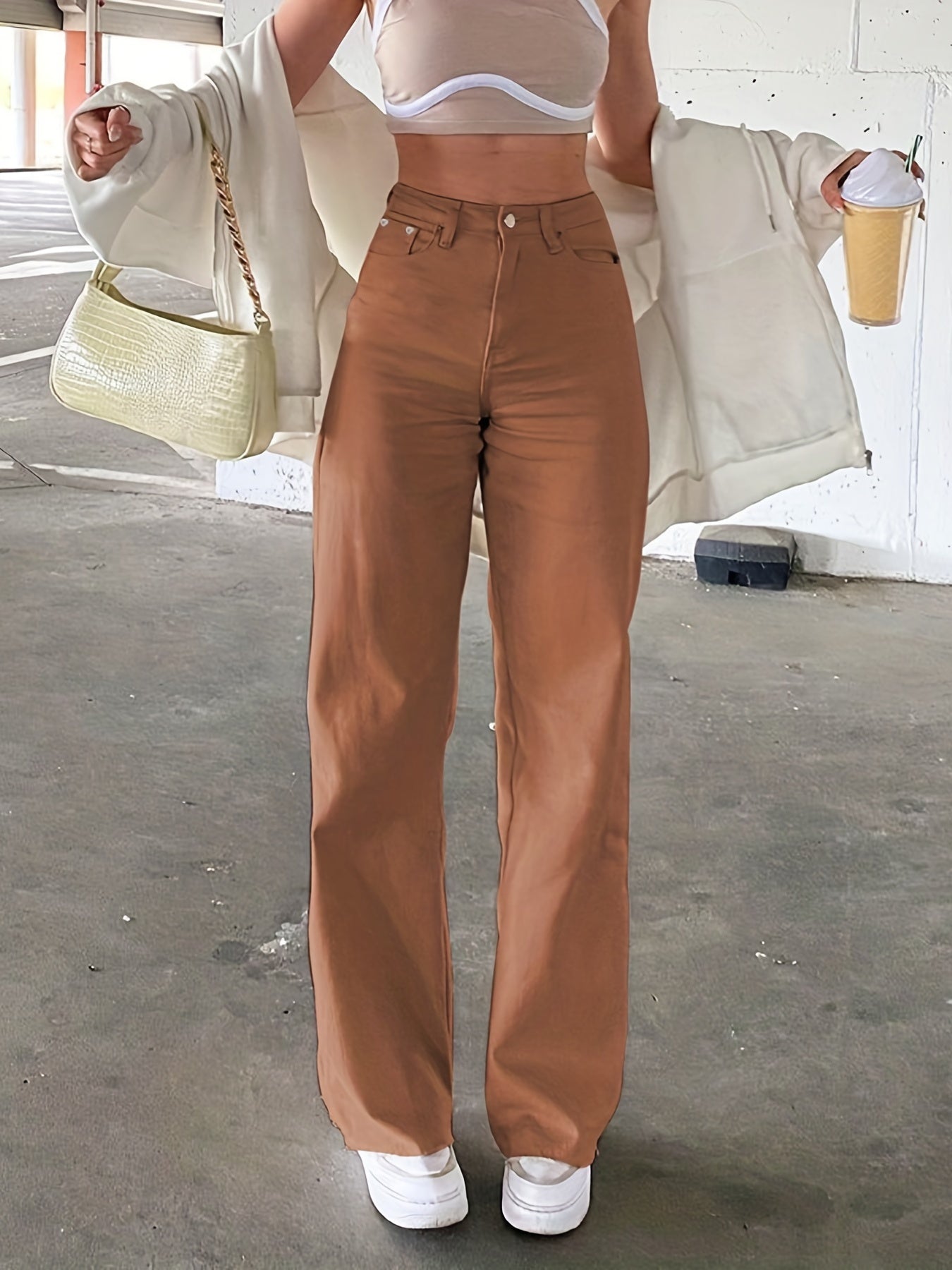 High Waist Straight Jeans Slash Pockets High Rise Wide Leg Denim Pants