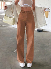 High Waist Straight Jeans Slash Pockets High Rise Wide Leg Denim Pants