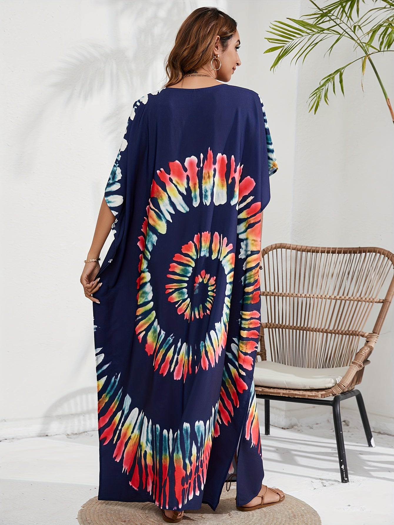 Boho Cover Up Spiral Tie Dye Batwing Sleeve V Neck Split