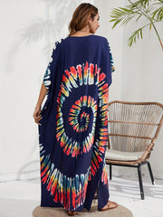 Boho Cover Up Spiral Tie Dye Batwing Sleeve V Neck Split