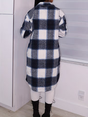 Plaid Drop Shoulder Jacket Casual Flap Pockets Long Jacket