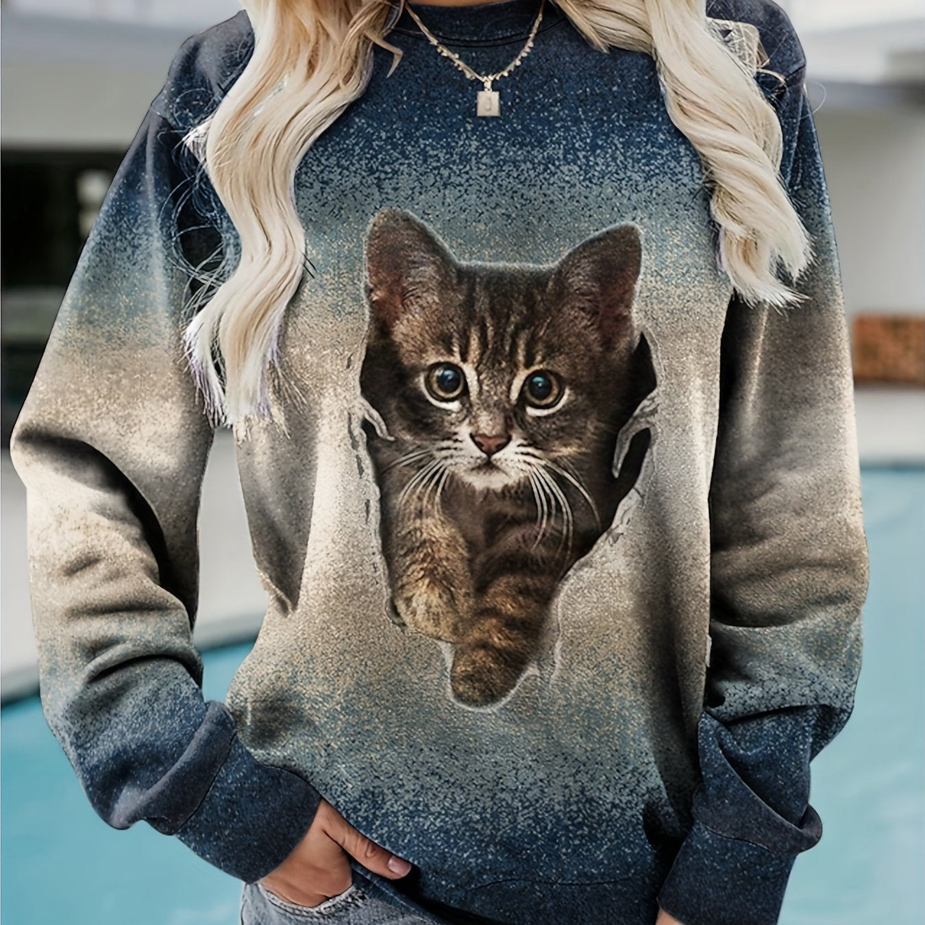 Cat Print Crew Neck Pullover Sweatshirt for Women