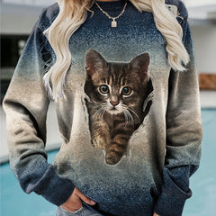 Cat Print Crew Neck Pullover Sweatshirt for Women