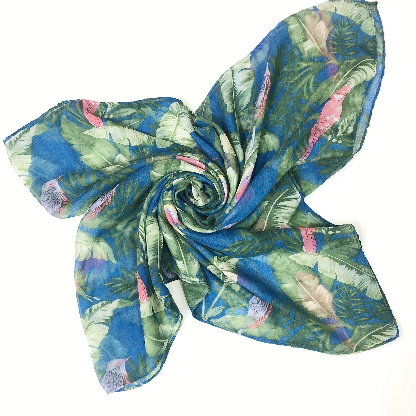 Green Voile Scarf Rainforest Bird Print Boho Shawl Head Wrap Bandana