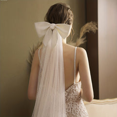 Large Bowknot Long Head Veil With Comb Bridal Wedding Hair Accessories